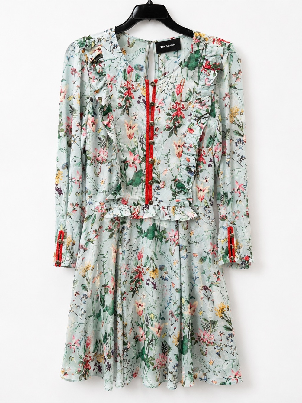 The Kooples Mint Floral Long-Sleeve Dress with Red Trim